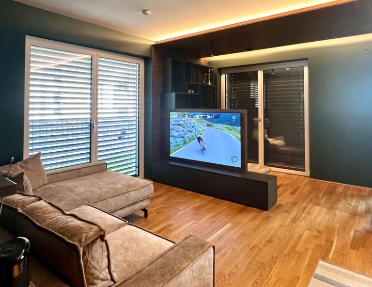 Wohnbereich mit abgehängter Holzdecke über Trennregal