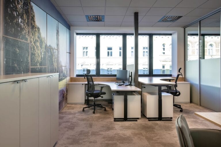 AluKönigStahl Büro mit zwei höhenverstellbaren Schreibtischen und Fototapete